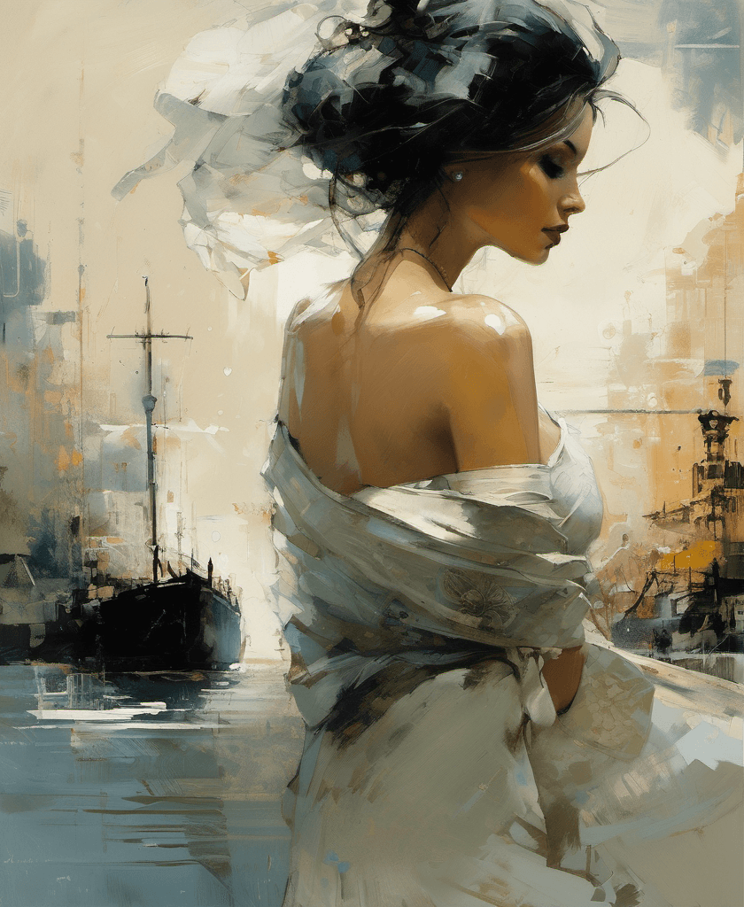 AI generated: luxury girl, serene beauty, nostalgic, elegant, posing, digital painting, expressionism, intricate d...