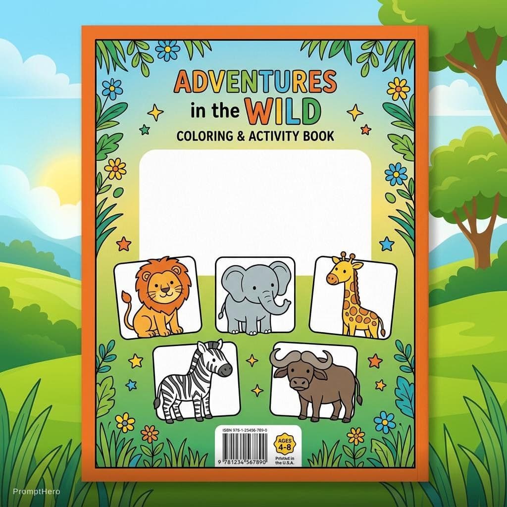 AI generated: "Professional children's coloring book back cover for ages 4-8. Features smaller illustrations of th...