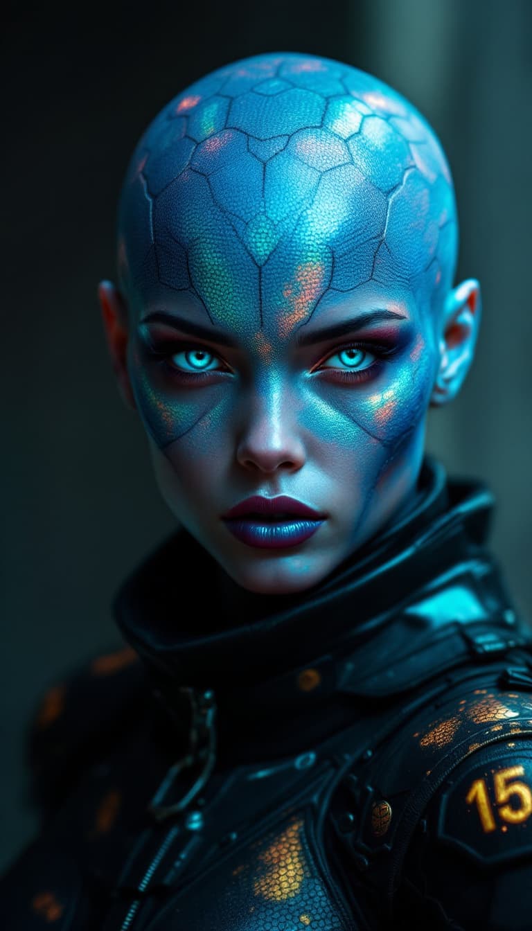 AI generated: A beautiful, bald woman with skin made entirely of iridescent beetle carapace texture, captivating s...