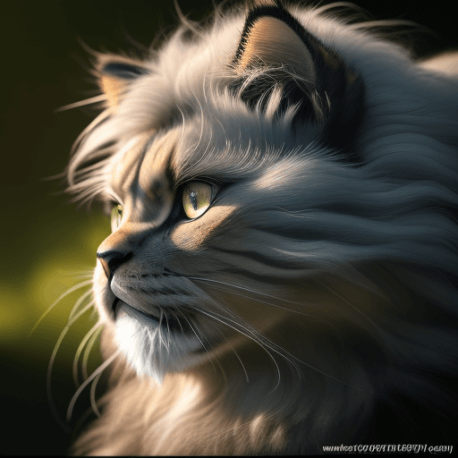 AI generated: Miki Asai is a lion-looking Persian cat. Eye color is forest green. Black cat. Right profile view of...