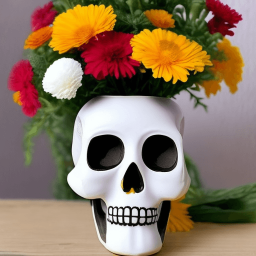 AI generated: round, white vase, colorful marigolds, day of the dead small skull