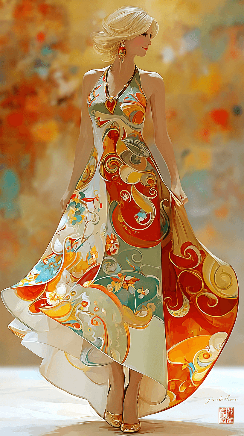 AI generated: a professional photoshot of a blonde woman, full body, wearing an asymetrical dress