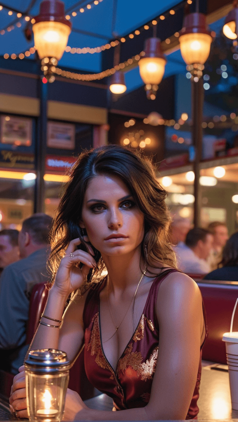 AI generated: Medium close-up, candid photograph of, a woman, with long dark hair, sits in a diner in the middle o...