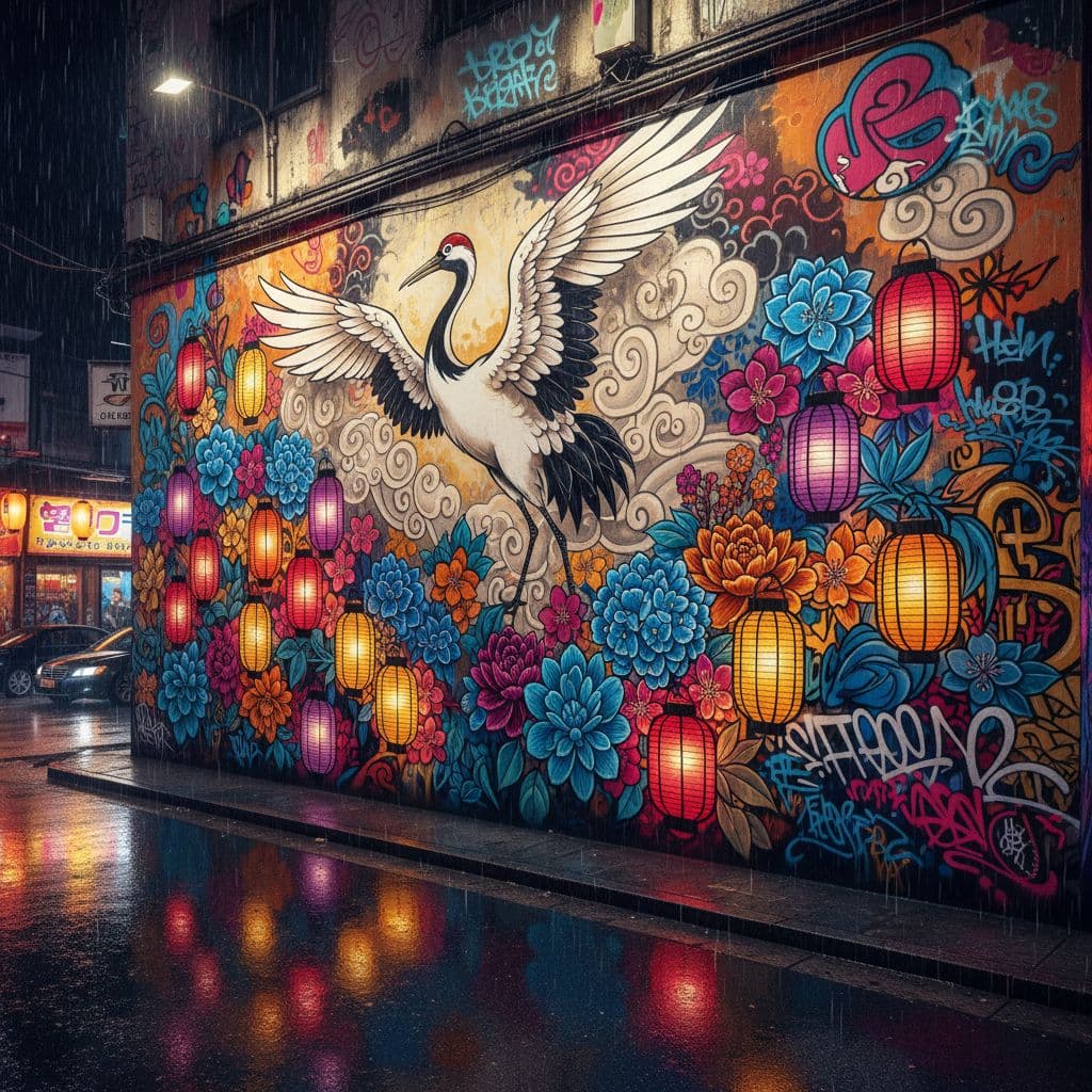 AI generated:  well-lit street scene mural with a japanese crane painting and colorful flowers and lanterns  light...