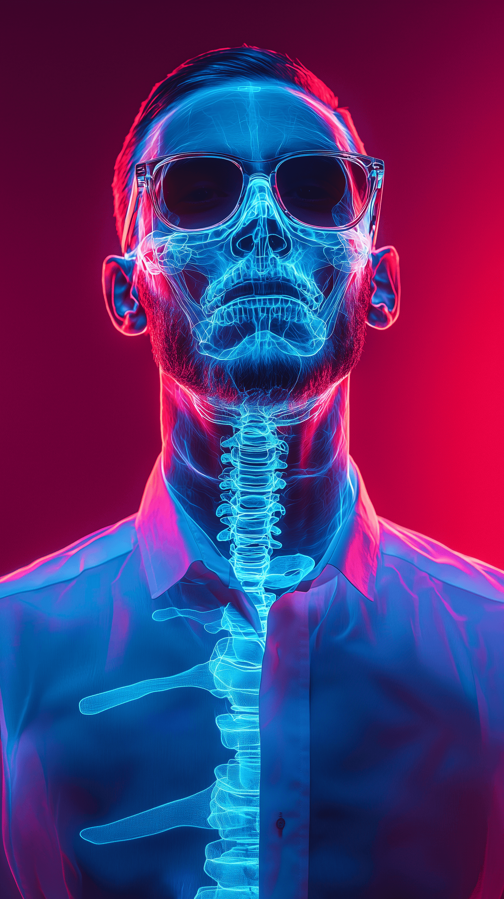 AI generated: digital art, man wearing a minimalist, white shirt, utilize X-ray effect to subtly display his skele...