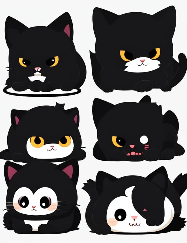 AI generated:  ((black lazy kitty ) little eyes) icon vector graphic, on white background, various poses and movem...