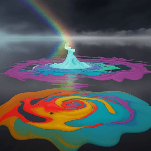 AI generated: a lake of colorful non-newtonian fluids, vibrations causing the fluid to rise up in a rippled shape ...