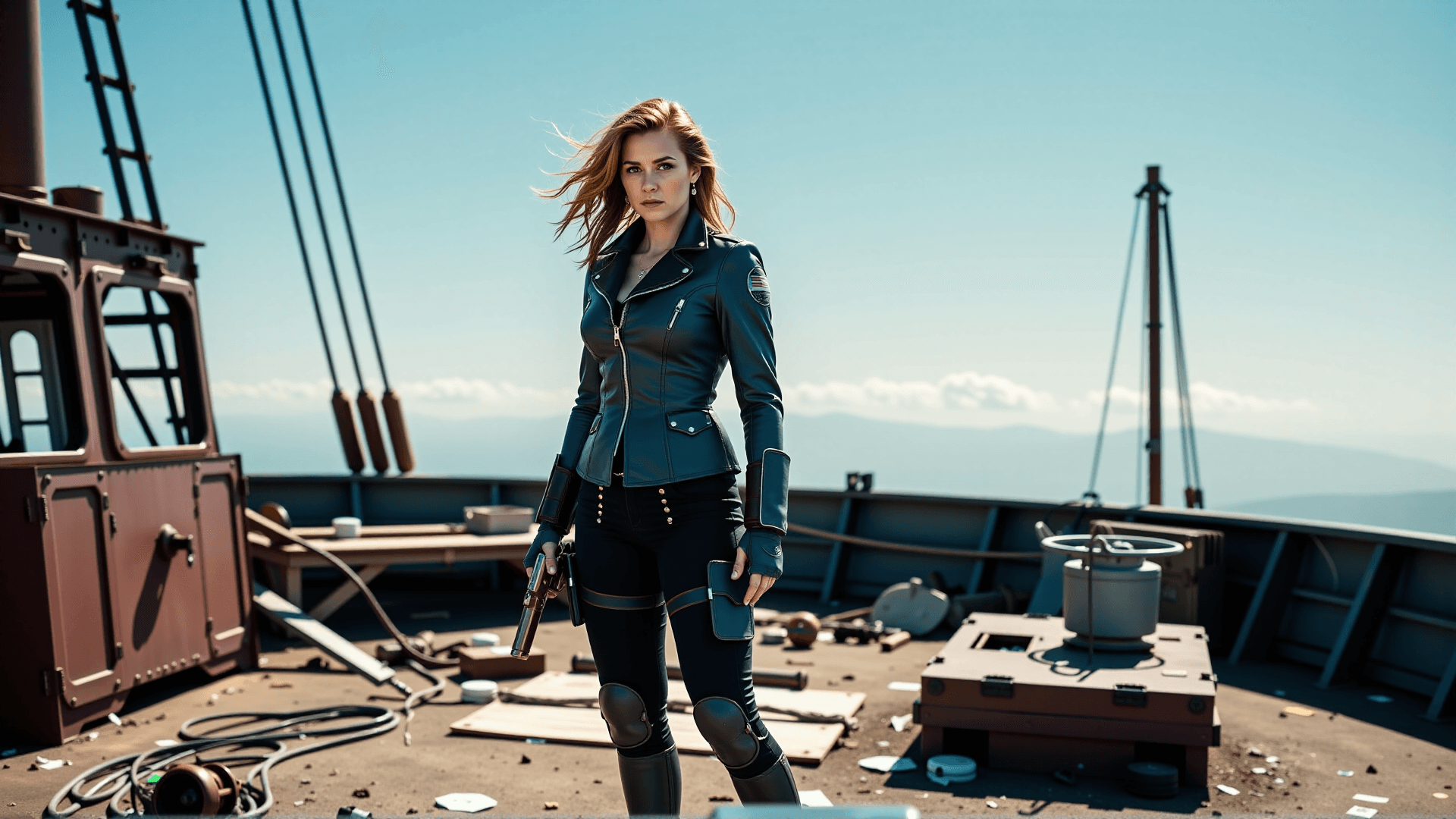 AI generated: Captain Heidi, an athletic woman with her signature auburn hair, stands tall and defiant on the dama...