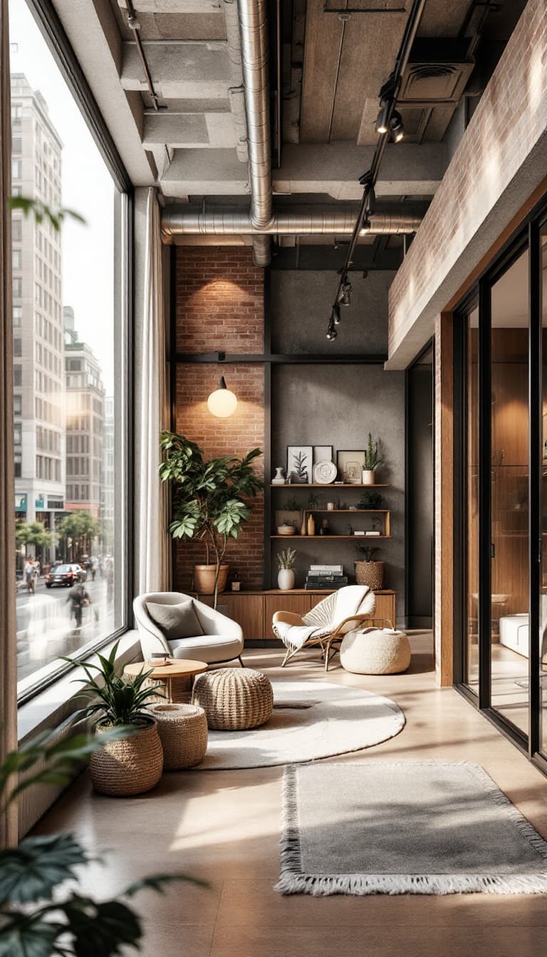 AI generated:  Cozy apartment building, brick and concrete fa\u00e7ade, wooden accents, industrial chic interiors,...