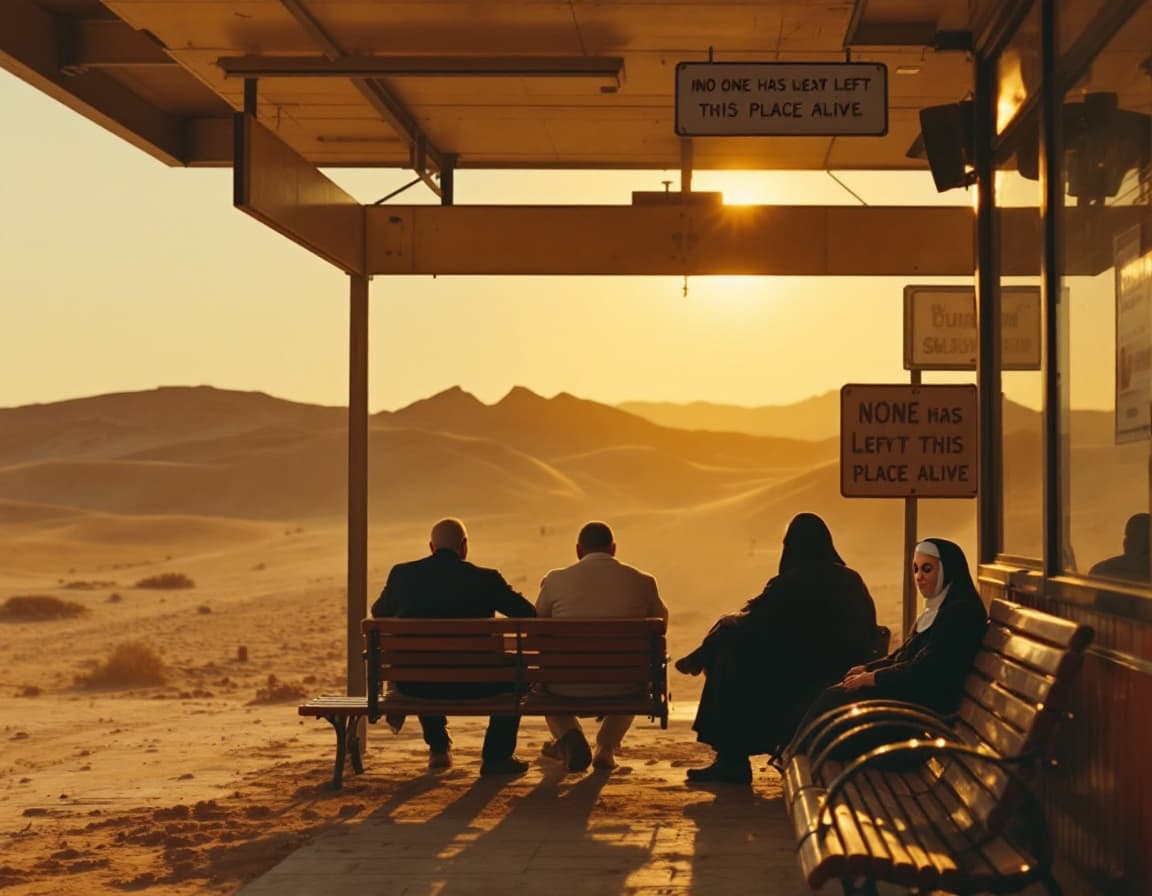AI generated: wide shot of a bus station located in the middle of the dessert, is sunset , dusty enviroment. on th...