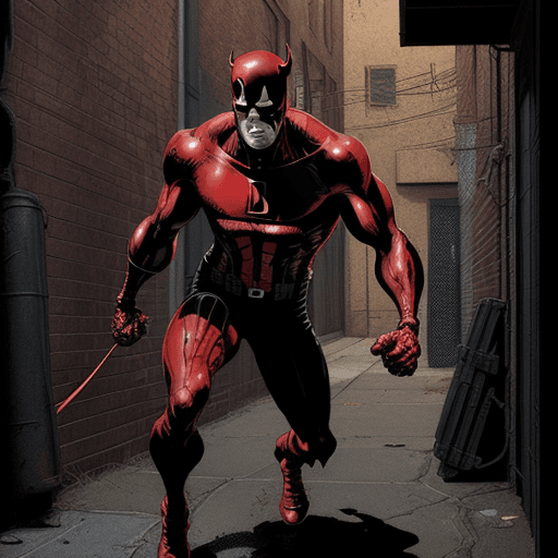 AI generated: Digital illustration depicting Daredevil locked in an alleyway brawl against the Punisher, both look...