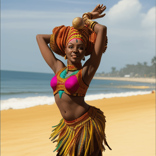AI generated: African funk dancer, moda photography, on the beach, realist photo