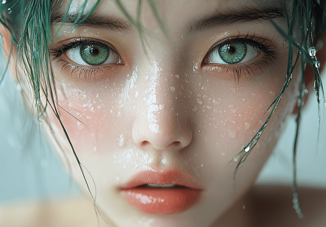 AI generated: 
A beautiful Japanese woman with long eyelashes, green hair, face covered with water droplets, high...
