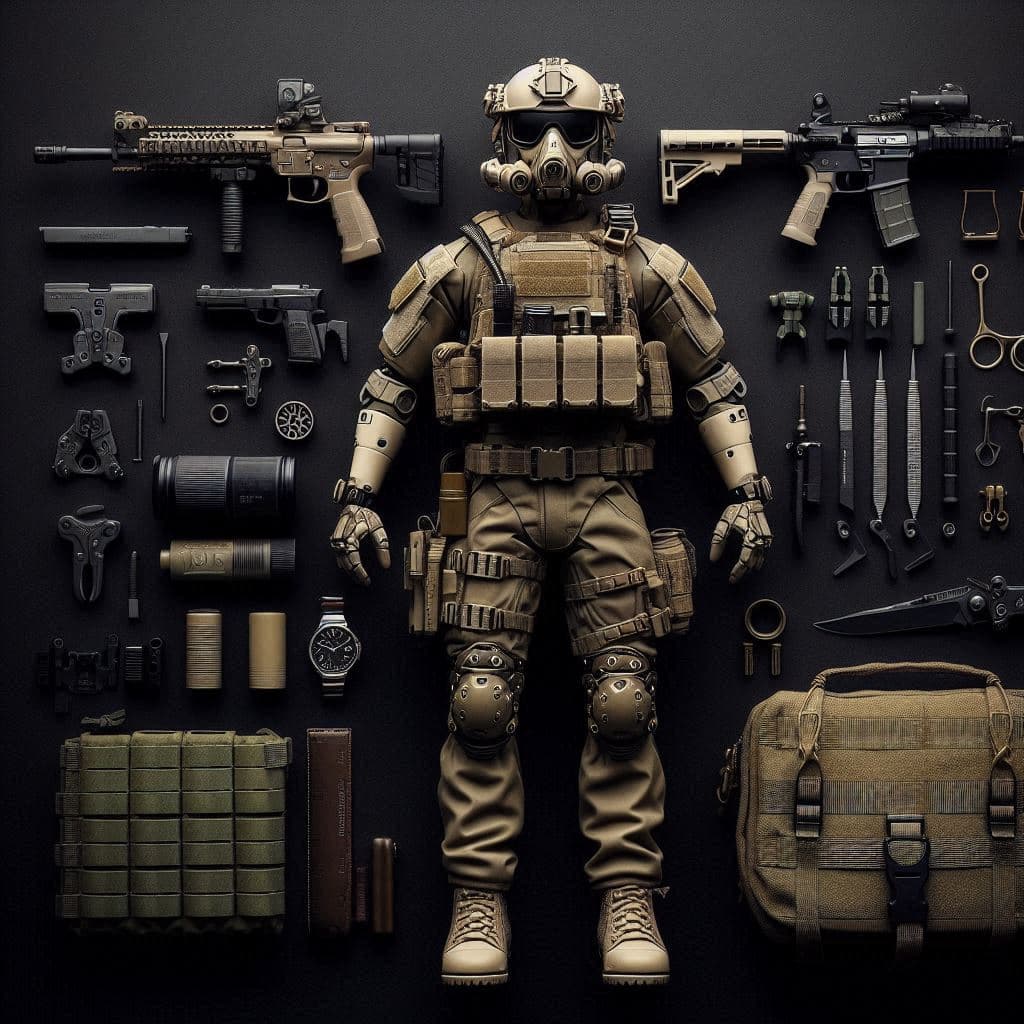 AI generated: Knolling photography of a Military Trooper with a black background 