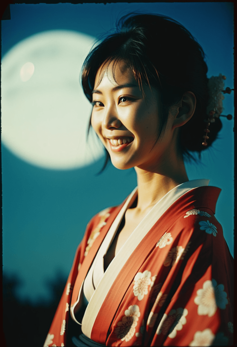 AI generated: analog color film photograph of a Japanese woman smiling, from the side, silhouette, full bluish-moo...