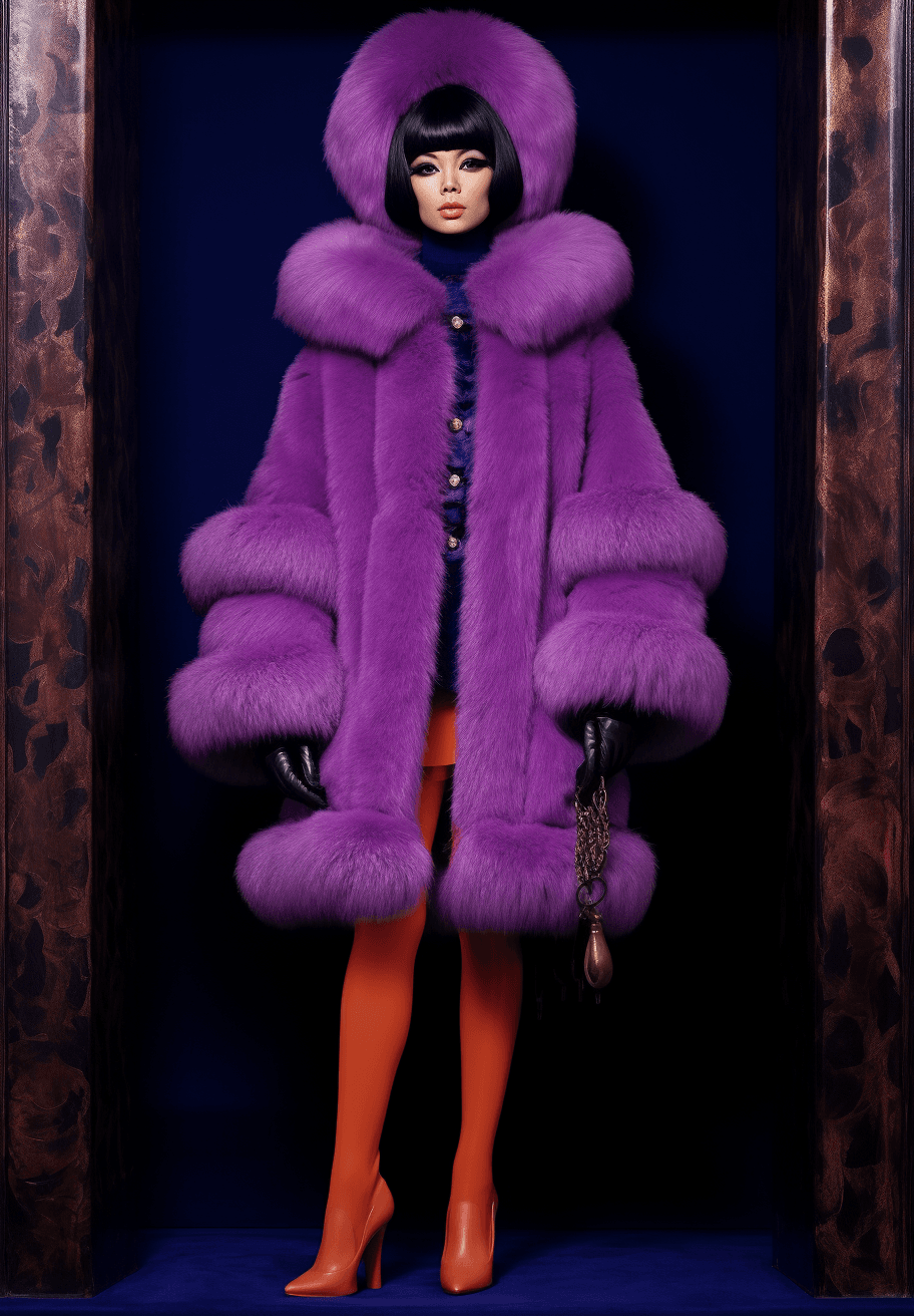 AI generated: a woman in purple wears furs, in the style of bettina rheims, pink, ralph bakshi, full body, 1960s, ...