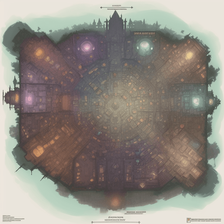 AI generated: full - color fantasy floor plan map of a cityscape dungeon, d & d, pathfinder, by jeff todd and greg...