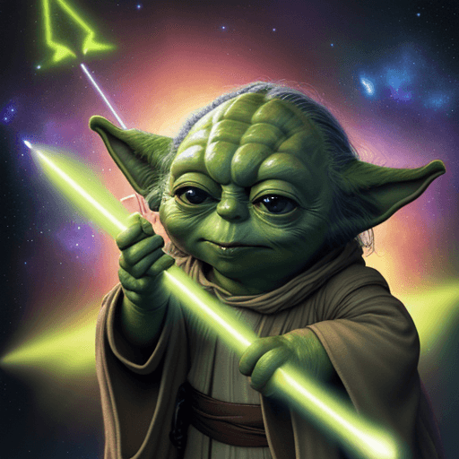 AI generated: Galaxy war, YODA in cosmos, 4k, light sword, background, happy YODA