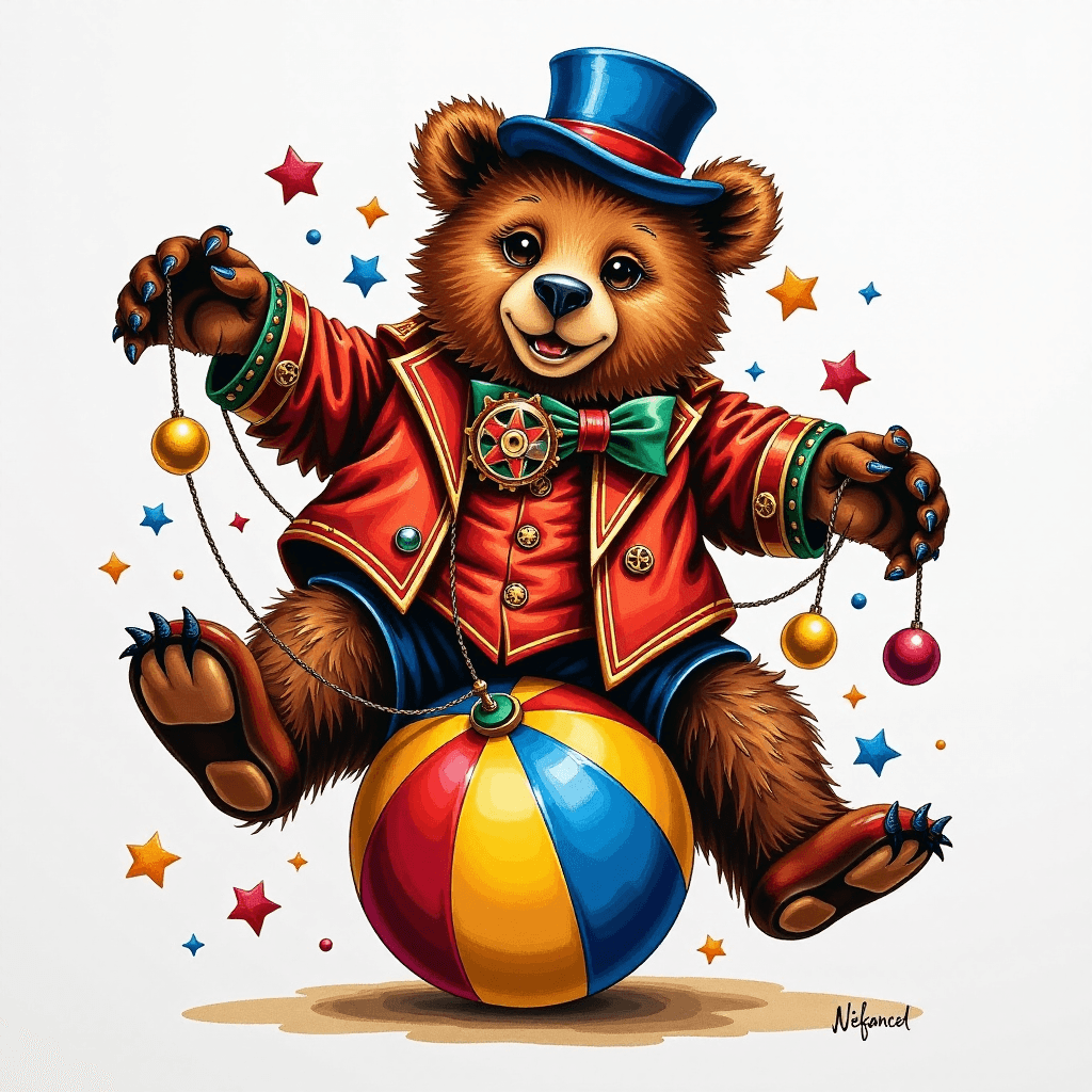AI generated: "Opaque gouache provides bold, flat colors for a Steampunk circus bear dancing on a brightly painted...