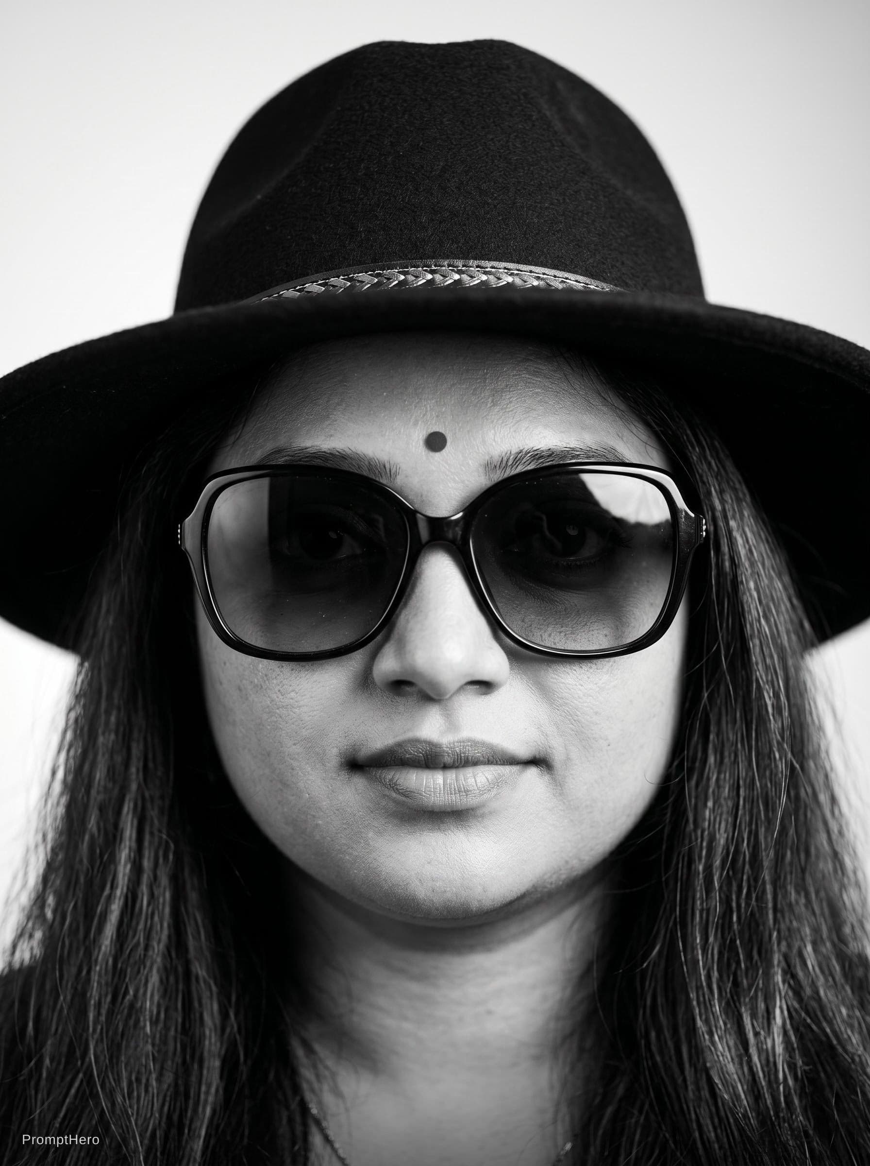AI generated: woman in sunglasses and a hat. black and white image, in the style of vray tracing, precision in det...