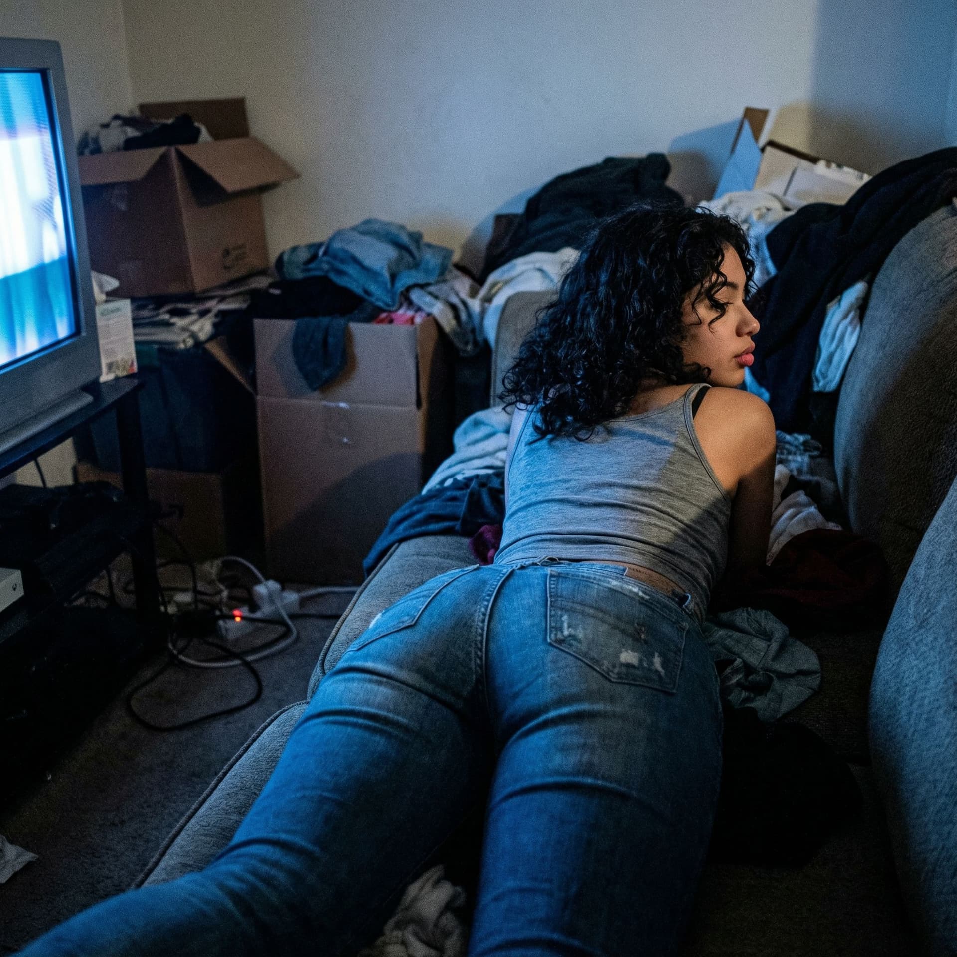 AI generated: beautiful petite latina 19 year old, cute face, full pouty lips, dimly lit room, trashy room, prone,...