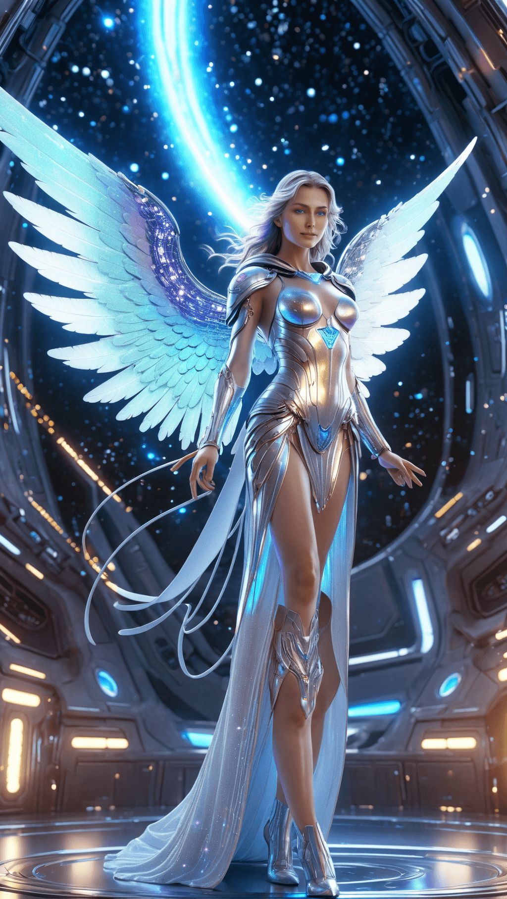AI generated: Full body, Small (Ultra-detailed angel in a spaceship) highly detailed incorporeal fairy made of sil...