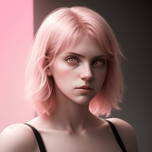 AI generated: photography, upper body, pink hue, woman model, solid yellow backdrop, yellow eyes detailing, using ...