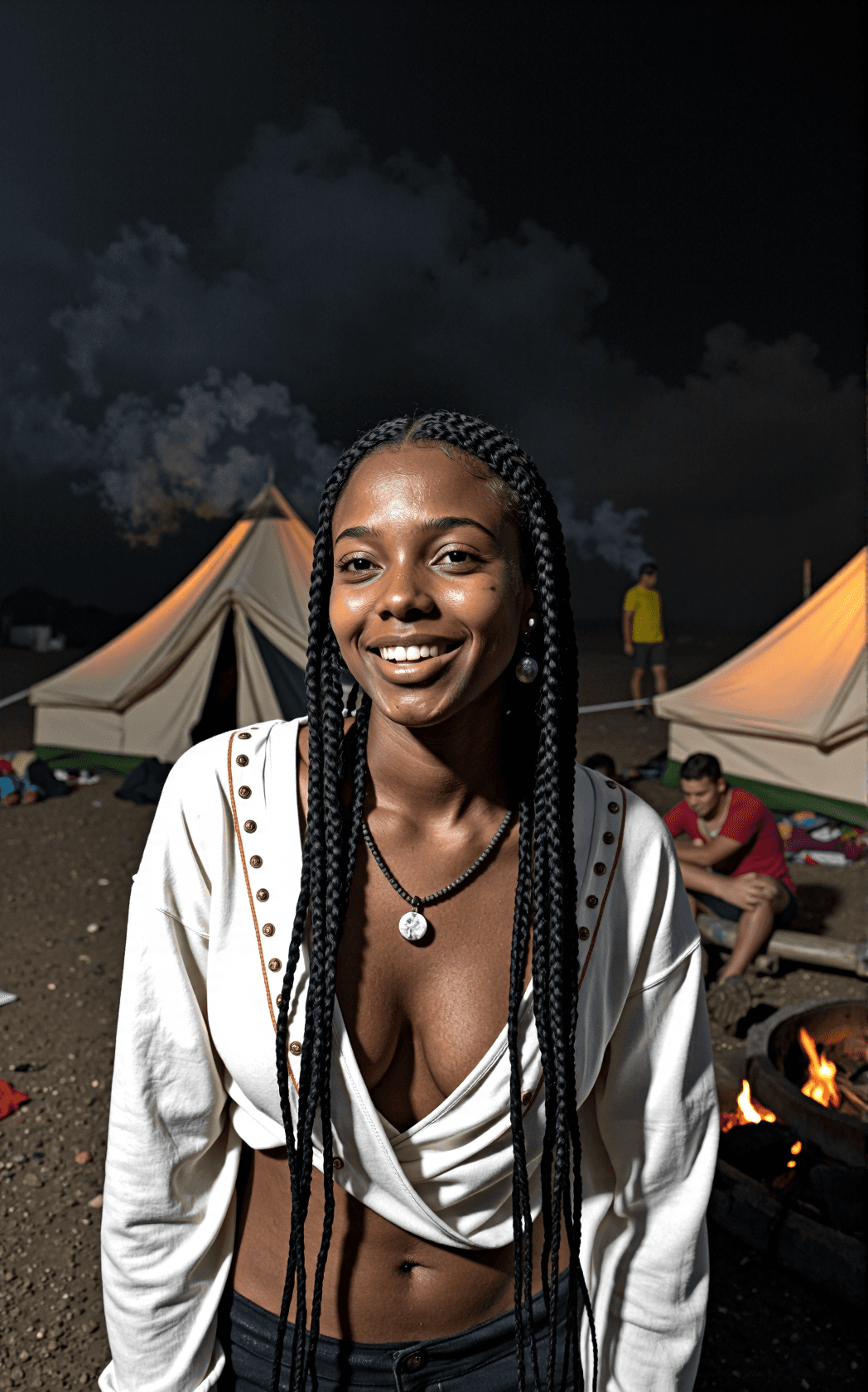 AI generated: Grainy night documentary photograph of a young female with long, thick dark braids threaded with bea...
