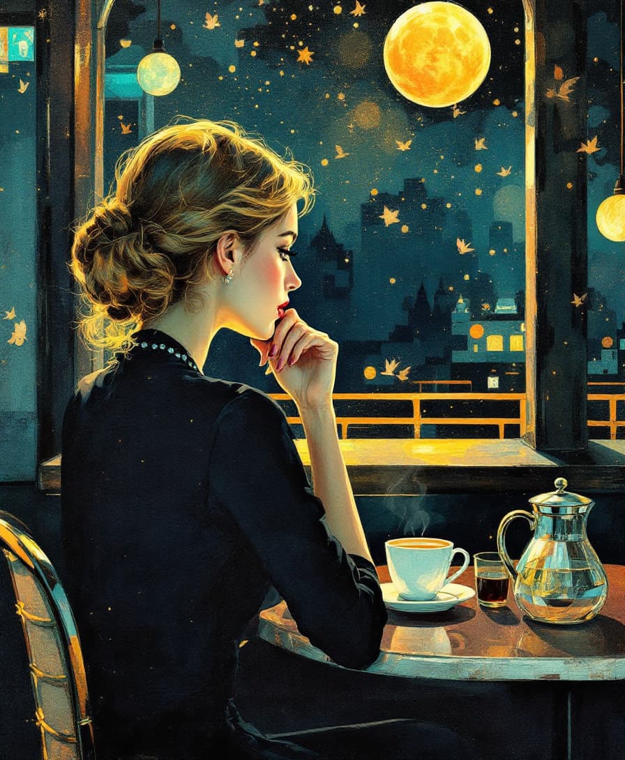 AI generated: Prompt: (Masterpiece), ((“” Automat 1927,Painting by Edward Hooper depicting a lone woman looking at...