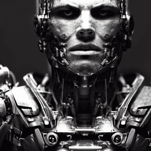 AI generated: face, half-mechanical cyborg male warrior, looking at camera, dark lighting, sci-fi, hollywood style...