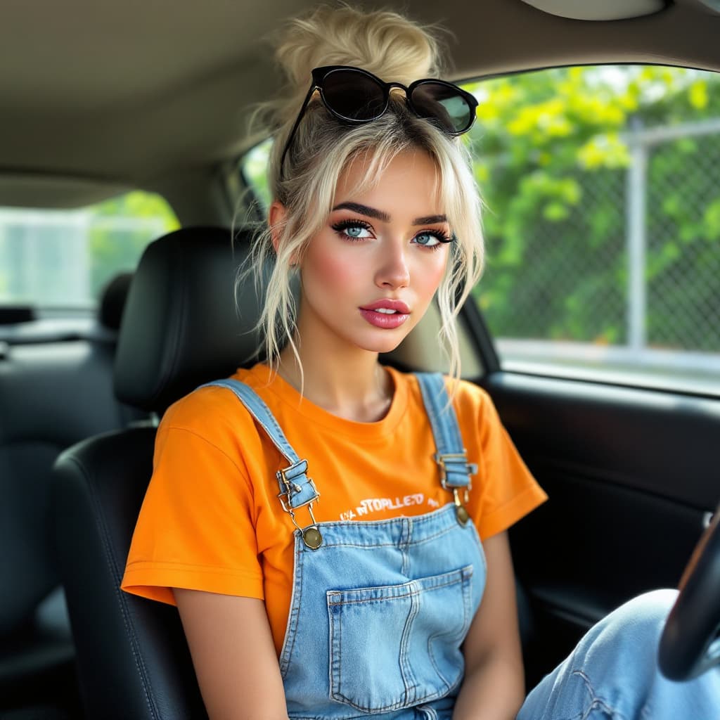 AI generated: "A young woman with platinum blonde hair styled in a high bun and wispy bangs, wearing oversized rou...