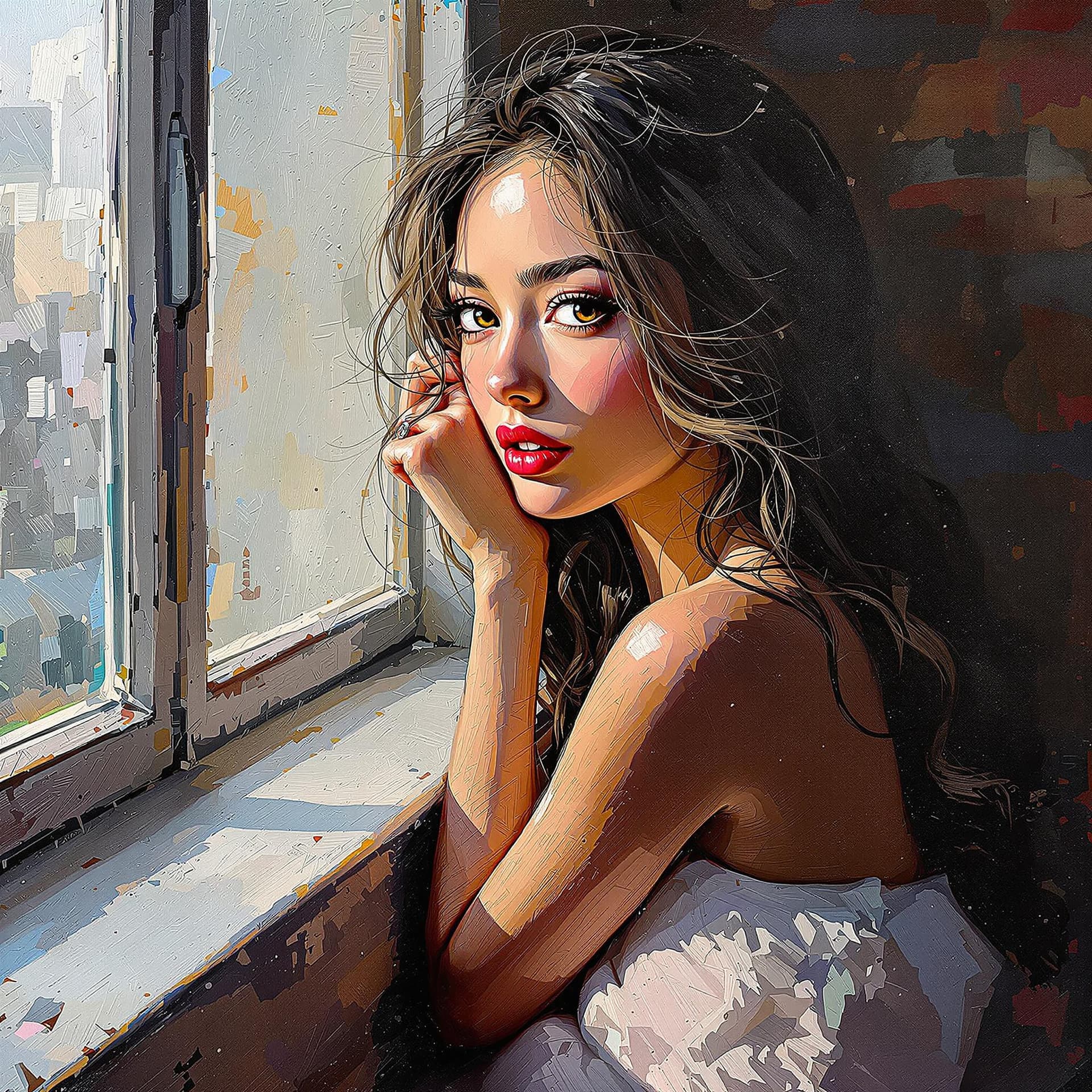 AI generated: a painting of jo yuri sitting near a window, in the style of beautiful women, playfully intricate, h...