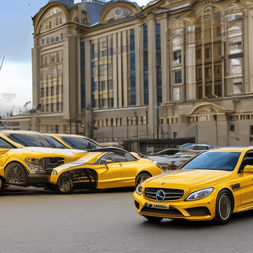 AI generated: one car mercedes with gold color, full size, in center of photo, model e63s amg, year 2023, behind o...
