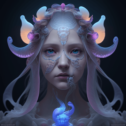 AI generated: Goddess close-up portrait ribcagel. jellyfish phoenix head, nautilus, orchid, skull, betta fish, bio...