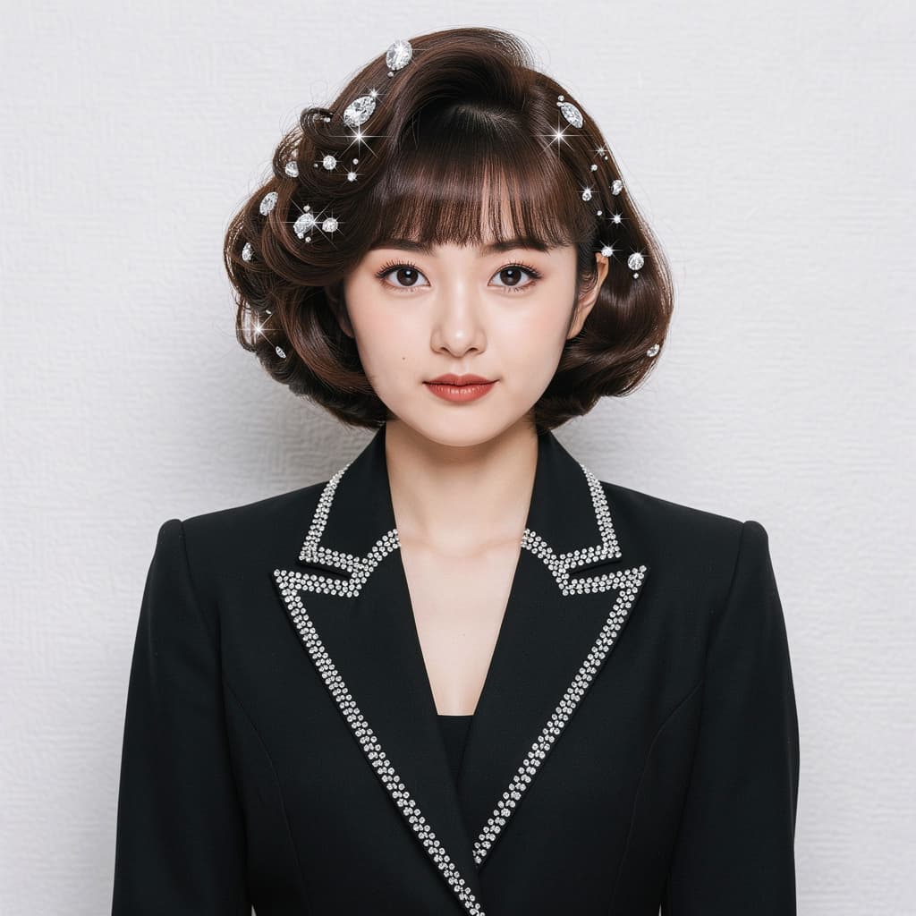 AI generated: 1988 Japan Female age 22 years old Hair Bob Bangs Wave Classic Curly Custom Made Diamond Sparkle lon...