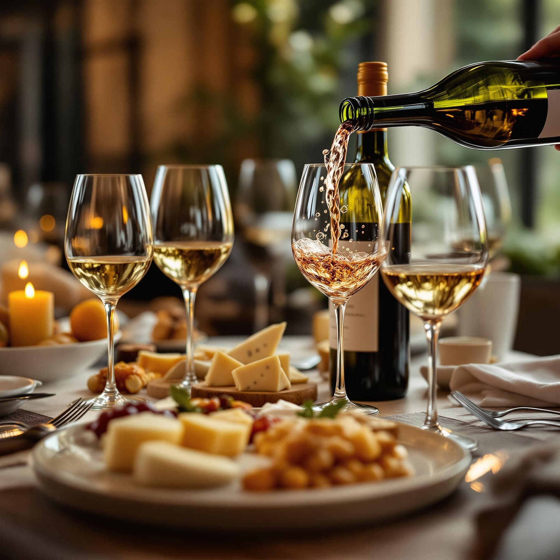 AI generated:  A warm, inviting image of a dining table set with wine glasses, a cheese platter, and a bottle of w...