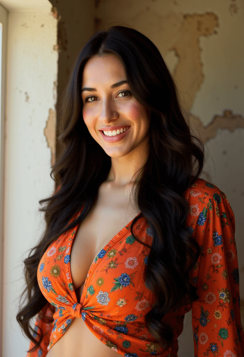 AI generated: A woman stands against a chipped plaster wall, her long dark brunette hair cascading down her back. ...