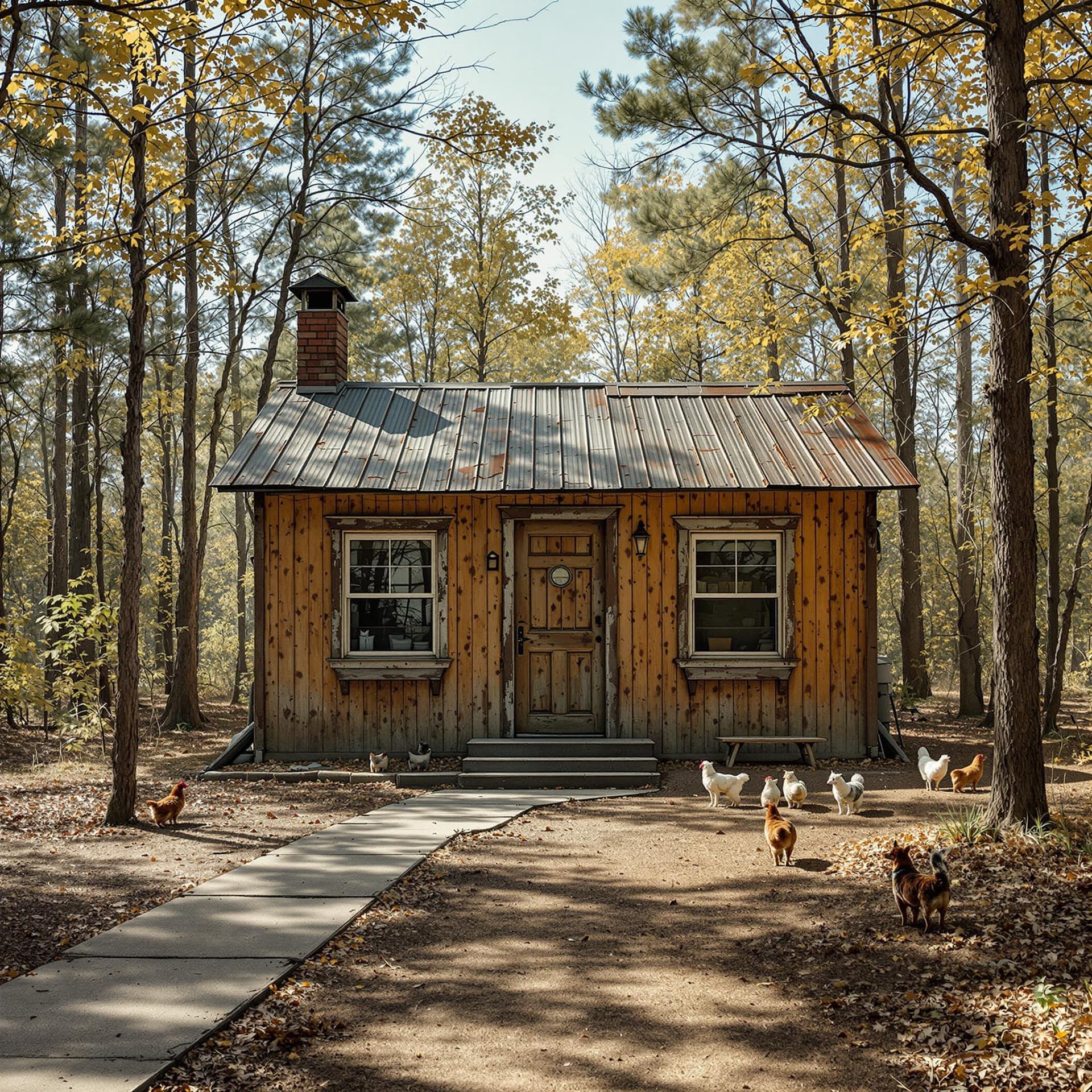 AI generated: Please create a cinematic photo of a rustic plywood house nestled in the woods, featuring a tin roof...