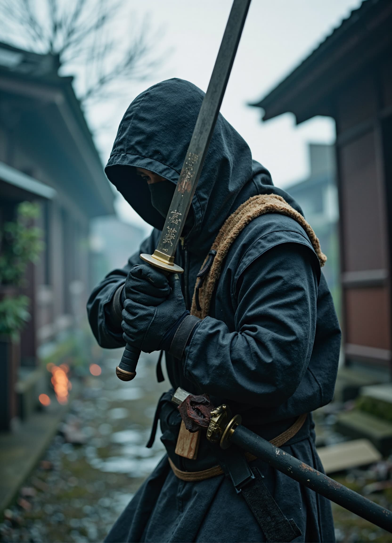 AI generated: A hyper-realistic, full-body photograph of a stealthy ninja in action during the decayed Edo period ...