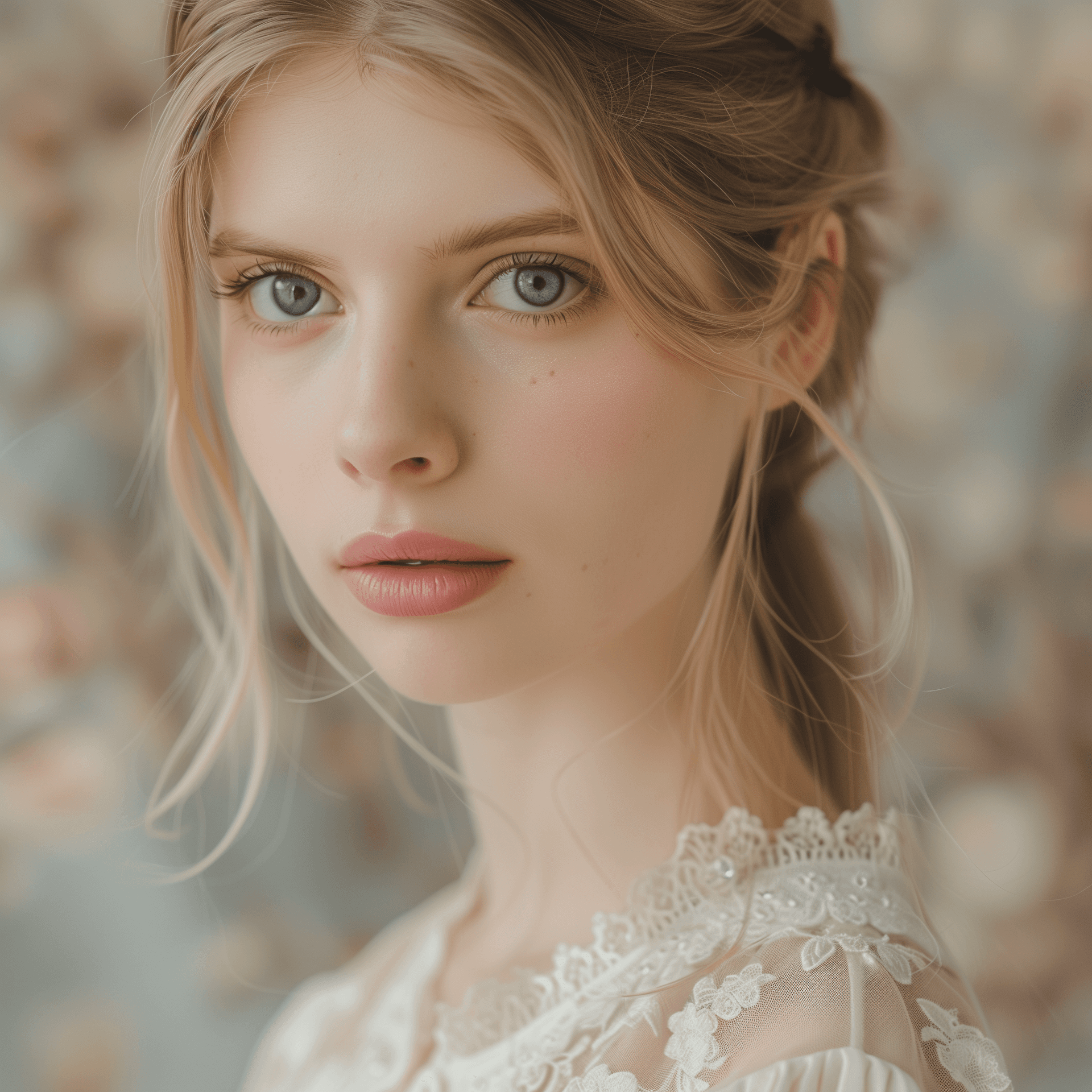 AI generated: A close-up portrait of a young woman with fair skin and light blonde hair styled in a straight, shou...