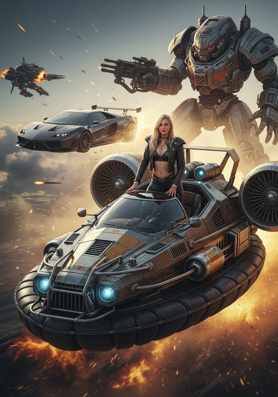 AI generated: Syd Mead style futuristic cyber dieselpunk hovercraft, full body shot of beautiful European young bl...
