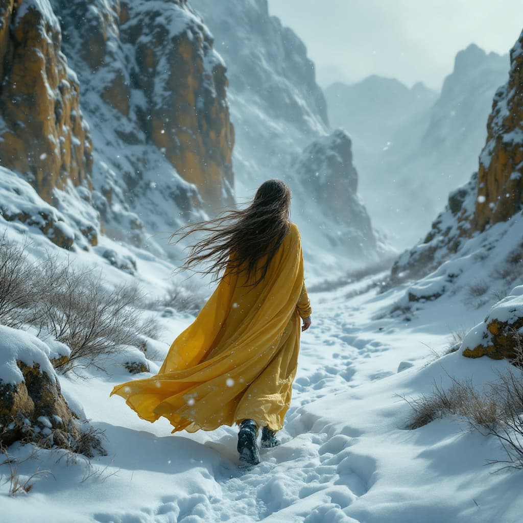 AI generated: a woman with long hair walking through a frozen landscape with snow fall, in the style of cinematic ...
