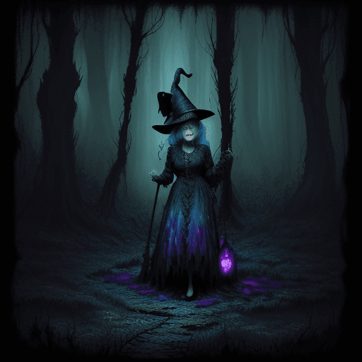 AI generated: old witch in a creepy forest, dark forest, textured Speedpaint with large rough brush strokes and pa...