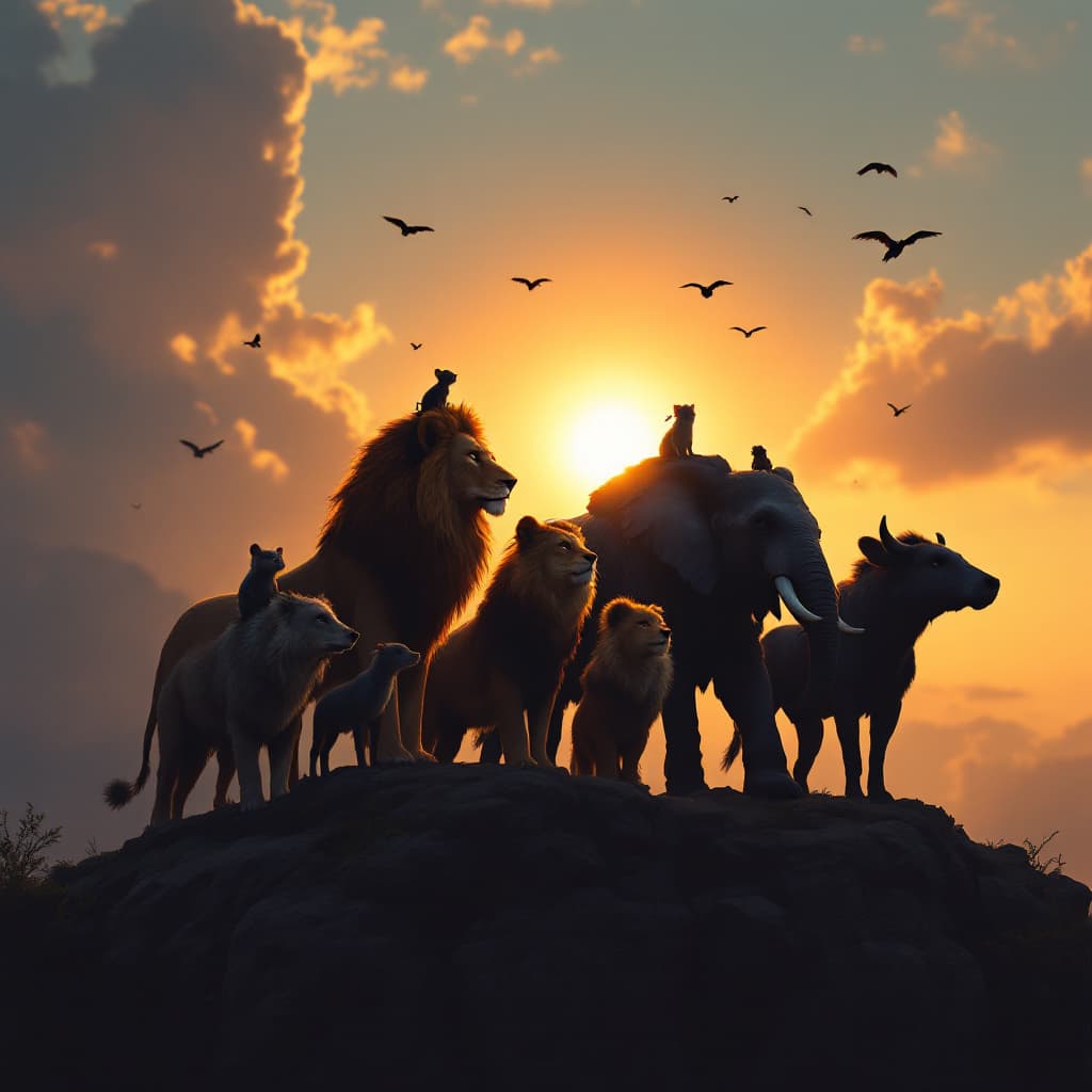AI generated: A captivating scene at the edge of a rocky cliff, where a group of nine animals stands in unity as t...