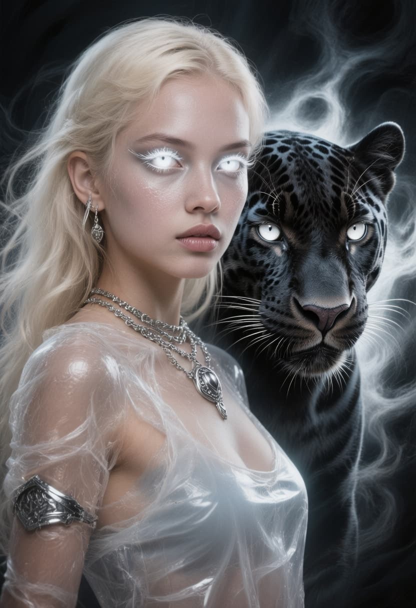 AI generated: a striking portrait of this girl with glowing eyes posing next to a hyper realistic black jaguar. it...