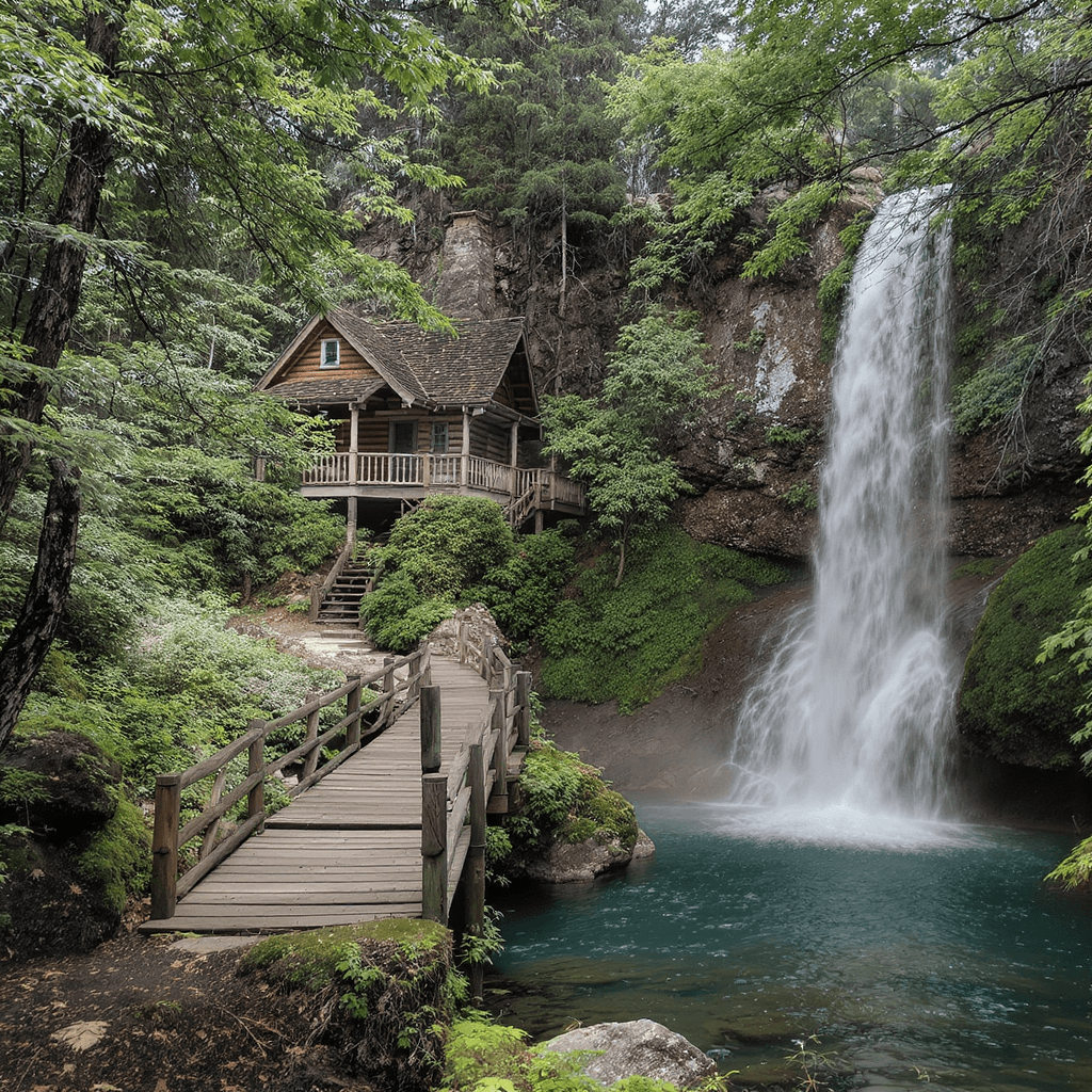 AI generated: lake cabin, waterfall, vintage station wagon