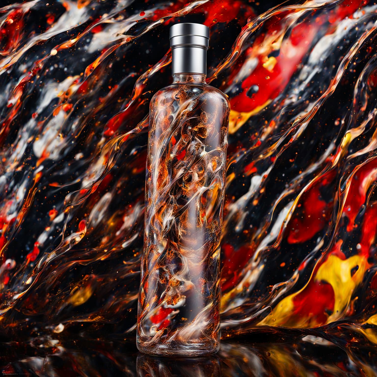 AI generated: absurd abstract designed bottle of vodka, promotional photography in style of Jackson Pollock