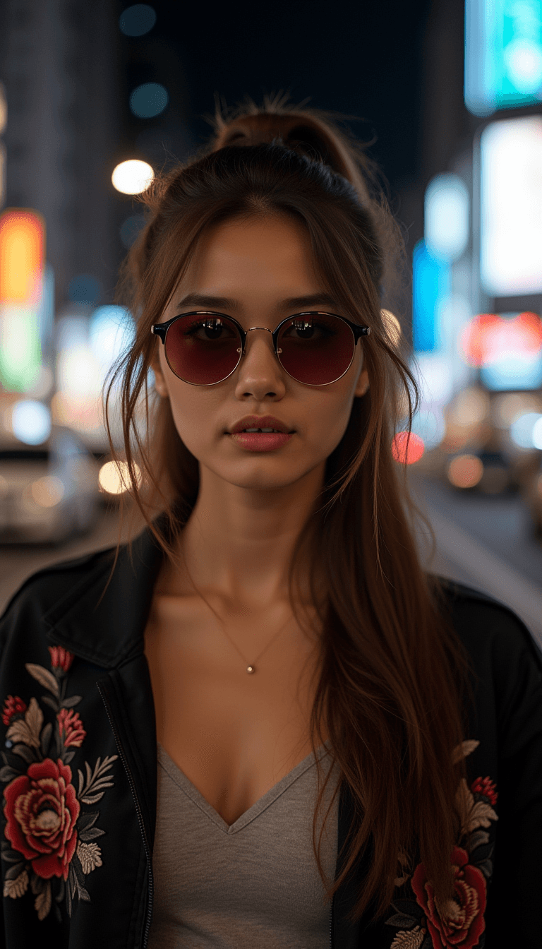AI generated: photograph of a woman, long brunette hair in a ponytail, perfect eyes, wearing circle tinted reflect...