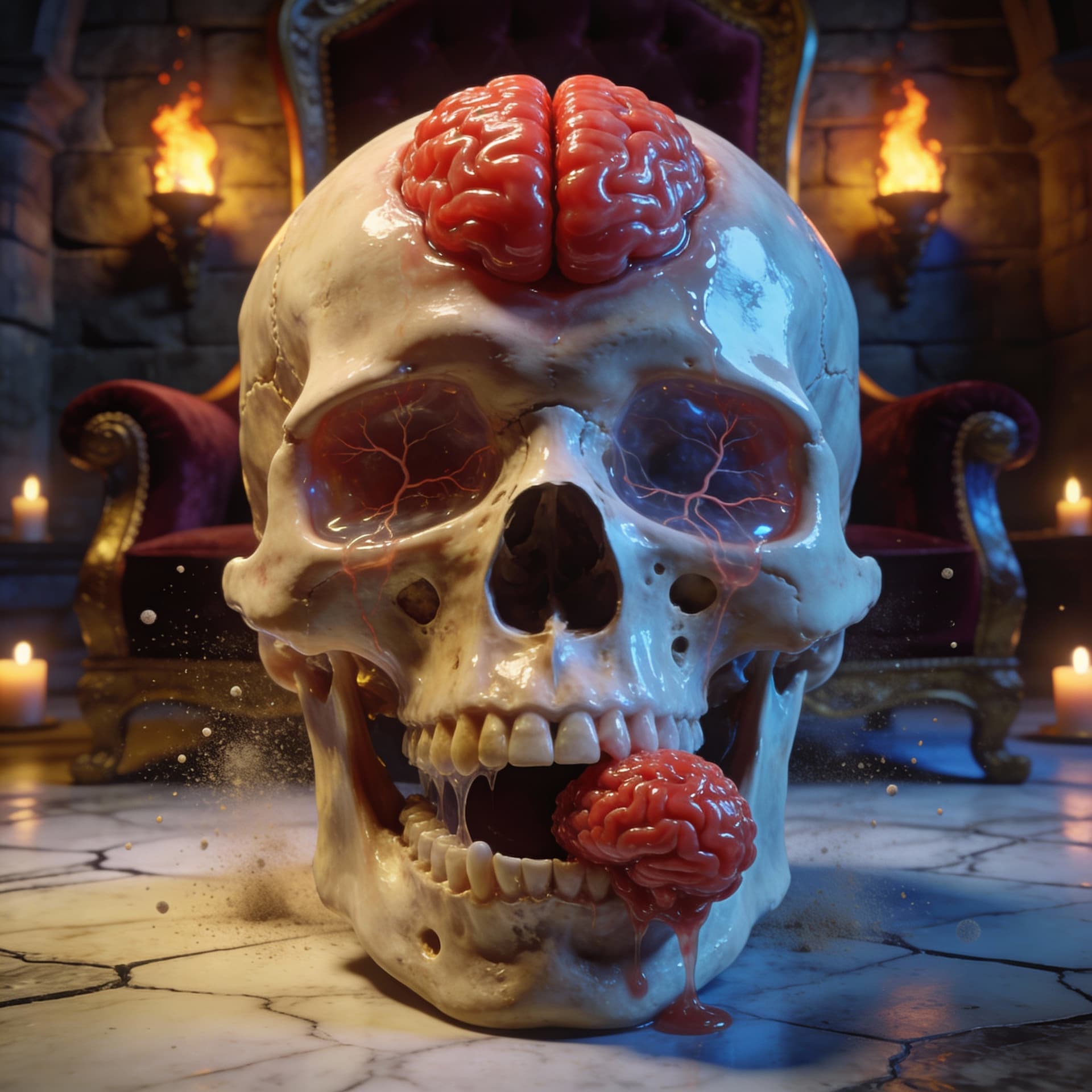 AI generated: highly realistic human skull with bright flesh-colored bone, exposed glossy red jelly brain on top l...