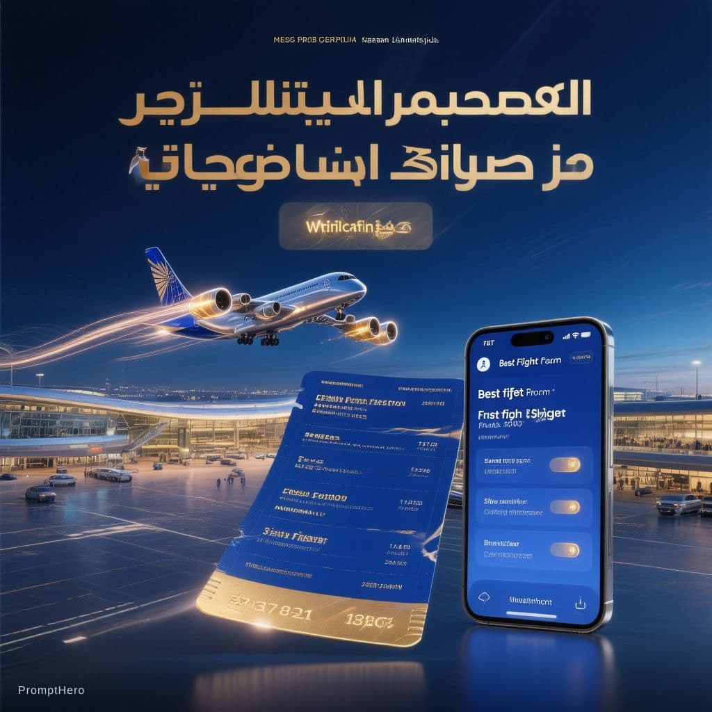 AI generated: Luxury airline ticket booking advertisement, modern international airport at night, 
royal blue colo...
